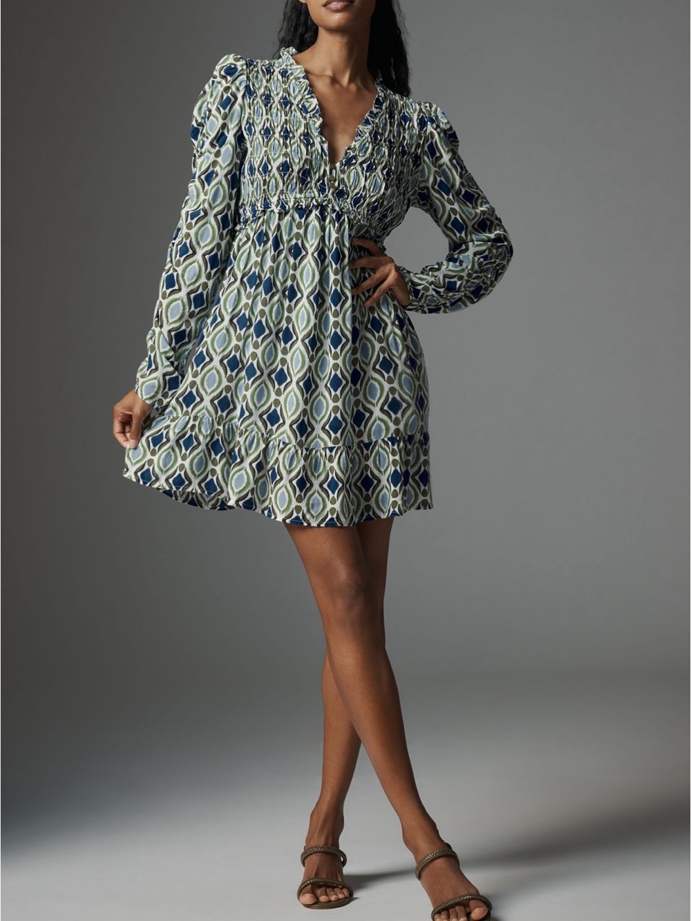 Anthropologie Smocked V-Neck Mini Dress in Blue & Green Geometric Boho Print XS